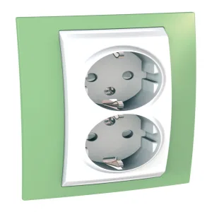 Розетка двухместная Schneider Electric UNICA, скрытый монтаж, с заземлением, со шторками, белый/зеленое яблоко (ШНАЙДЕР) Розетка двухместная Schneider Electric UNICA, скрытый монтаж, с заземлением, со шторками, белый/зеленое яблоко (ШНАЙДЕР)